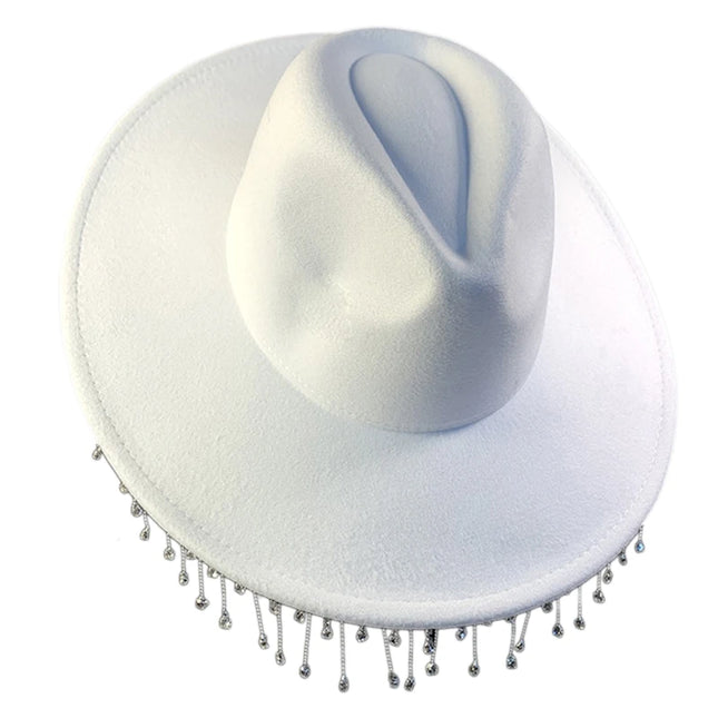 Rhinestones Tassels Hat for Women Teens Girl Breathable Wide Brim BeachSun Hat Music Festival Hat Bachelorette Party Cap
