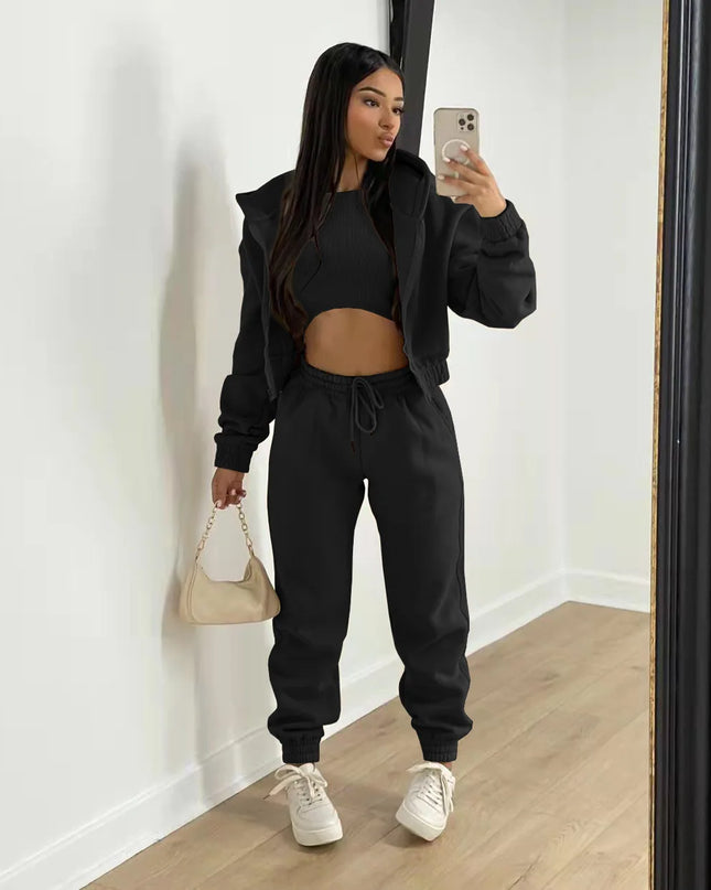 3pcs Women's Clothing Set Fleece-lined Hooded Sweater &Sleeveless Tank Top & Sports Sweatpants Pants