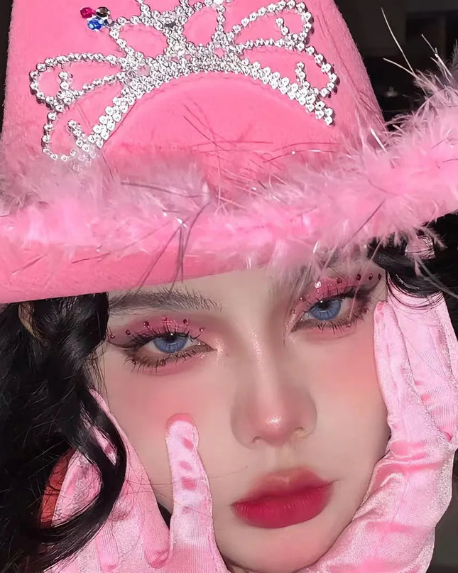 Women's Pink West Cowgirl Hat Girls Tiara Feather Felt Western Sequin Cowboy Cap Costume Party Dress Jazz Caps Cosplay Props