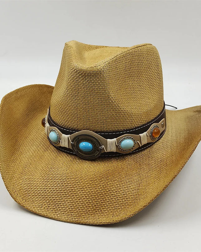 Army Green Camo Cowboy Hat Straw Hat Star Jazz Straw Hat Panama Paper Grass Western United States Cowboy Hat Fashion Travel
