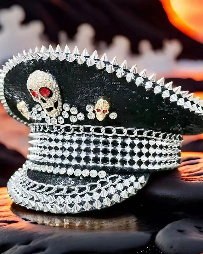 Burning Man Multi-style Black Halloween Steampunk with Chain Spider Web Skull Studded Cap Halloween Hat Hallloween decorations