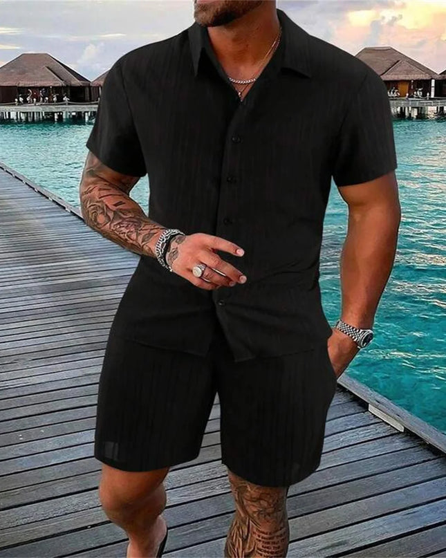 2024 New style Summer Men's Fashion Beach Suit Outdoor Sports Casual Shirt Solid color Loose Short Sleeve Shorts Beach two-piece