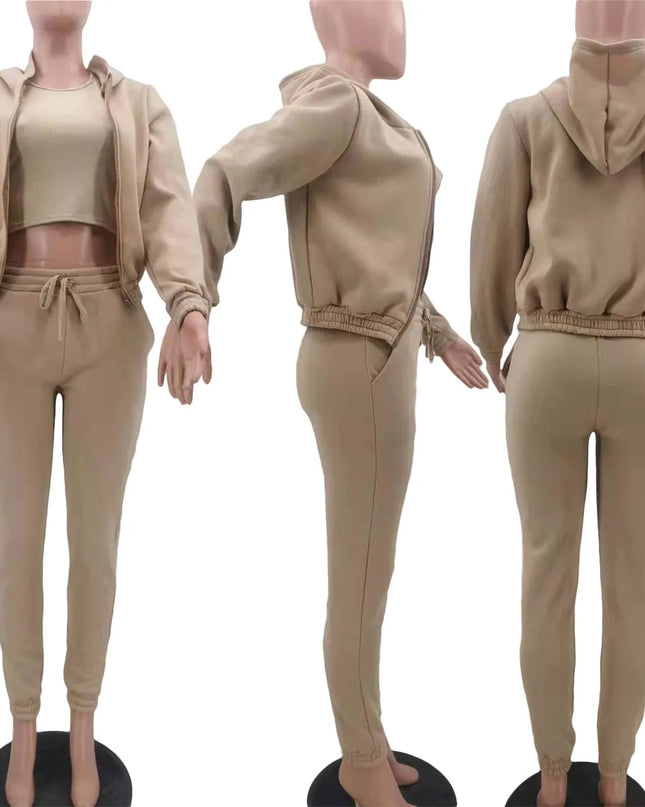 3pcs Women's Clothing Set Fleece-lined Hooded Sweater &Sleeveless Tank Top & Sports Sweatpants Pants