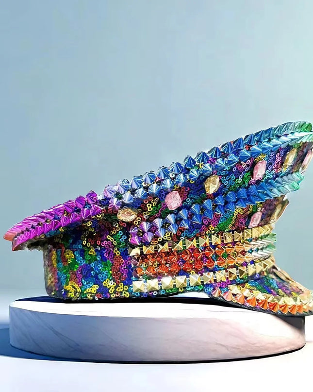 HongLuan Rainbow Bling Captain Hat Rhinestone Woman Sparkly Steampunk Military Caps for Burning Man Coachella Music Festival