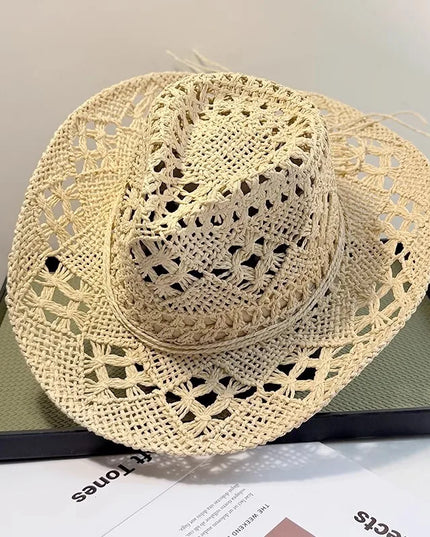 New Western Cowboy Hats for Women Men Classic Vintage Hollow Out Unisex Curled Wide Brim Sun Hat Fishing Hat Climbing Straw Cap