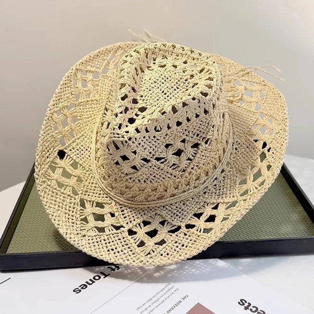 New Western Cowboy Hats for Women Men Classic Vintage Hollow Out Unisex Curled Wide Brim Sun Hat Fishing Hat Climbing Straw Cap