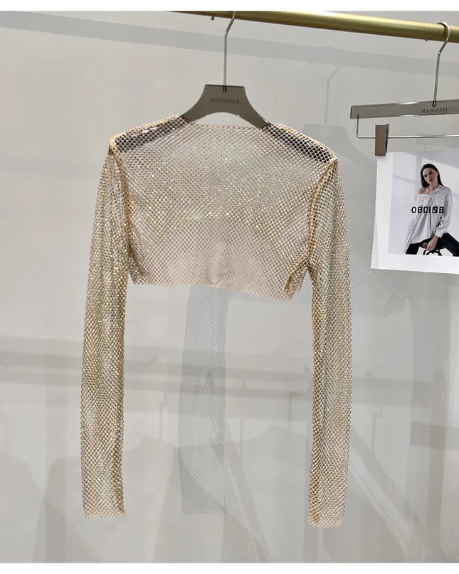 2023 new sexy bright diamond short top Slim thin Ms. hot drill long-sleeved T-shirt sexy leak waist nightclub