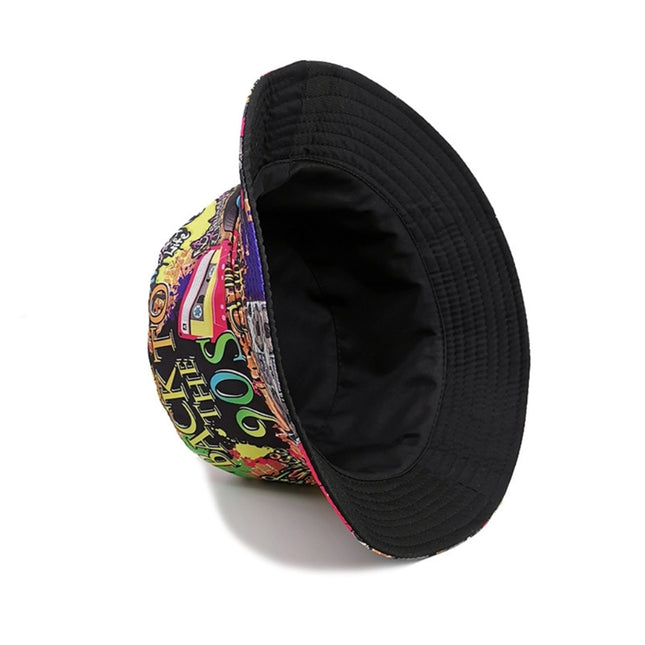 80s 90s Vintage Fishing Hat for Women Men Breathable Colorful Print Cap Sun Protective Hat Double-side Hiphop Bucket Hat