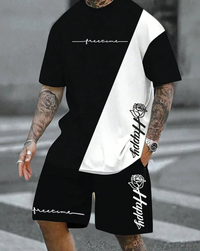2-piece Vintage Printed Men's Short Sleeve Shorts Set Summer Casual Everyday Men's T-shirt Outdoor Sports Men's Beach Shorts