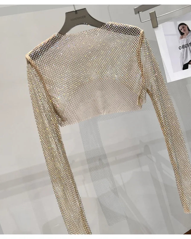 2023 new sexy bright diamond short top Slim thin Ms. hot drill long-sleeved T-shirt sexy leak waist nightclub