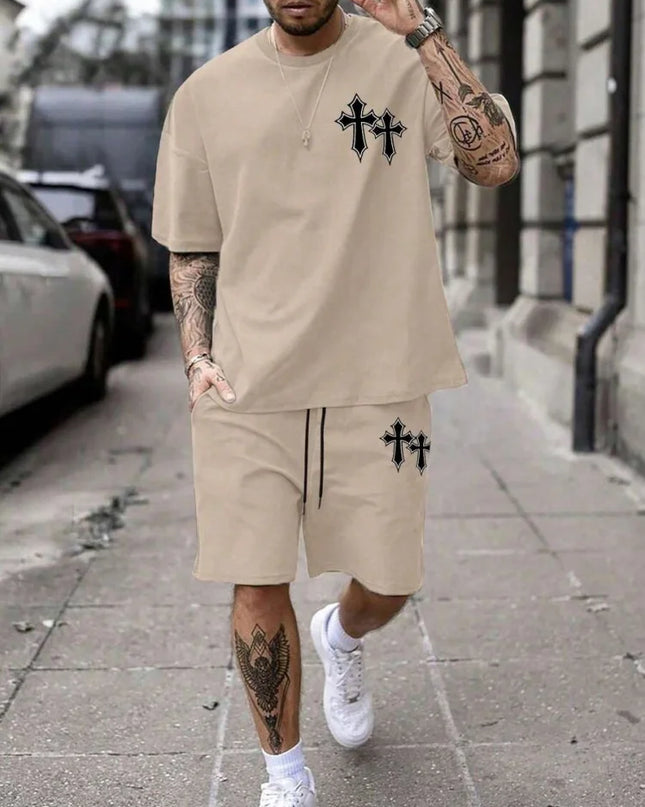 2-piece Vintage Printed Men's Short Sleeve Shorts Set Summer Casual Everyday Men's T-shirt Outdoor Sports Men's Beach Shorts