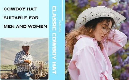 New Western Cowboy Hats for Women Men Classic Vintage Hollow Out Unisex Curled Wide Brim Sun Hat Fishing Hat Climbing Straw Cap