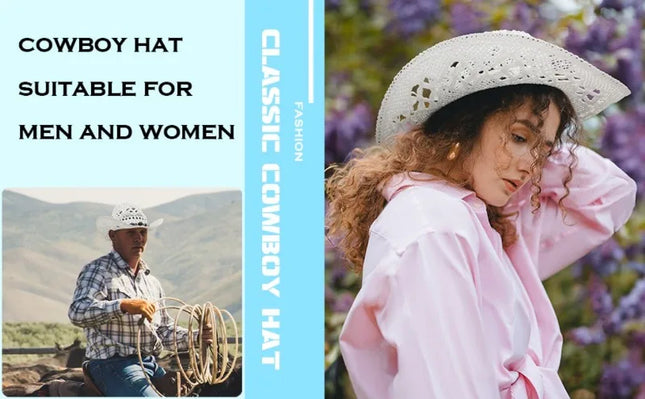 New Western Cowboy Hats for Women Men Classic Vintage Hollow Out Unisex Curled Wide Brim Sun Hat Fishing Hat Climbing Straw Cap