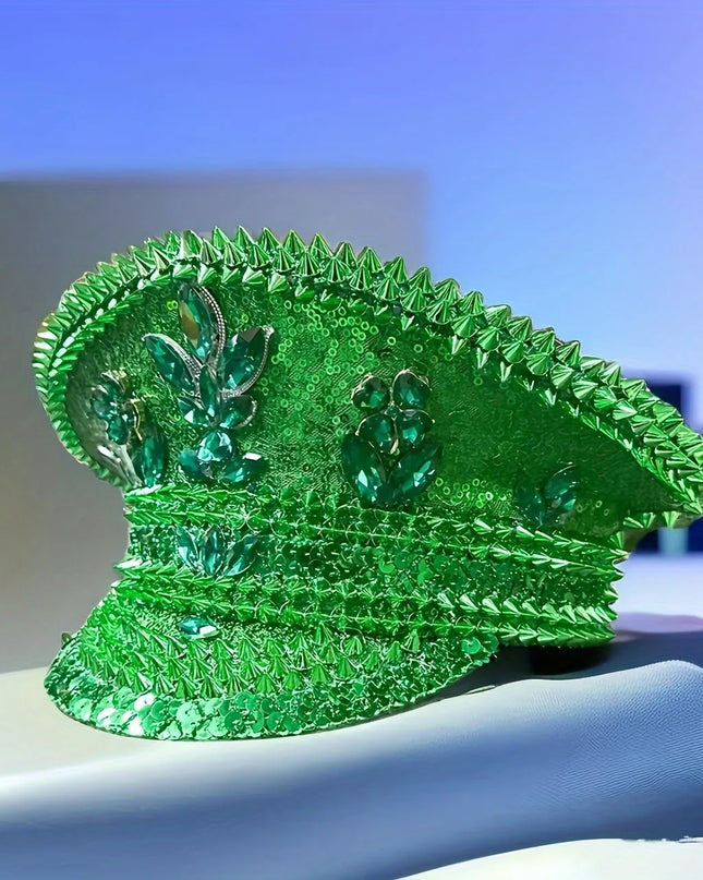 A Green Clover Sequined Navy Hat, Captain's Hat, Suitable for Bachelorette Parties, Adult Parties, Bars，Festival，Music Party