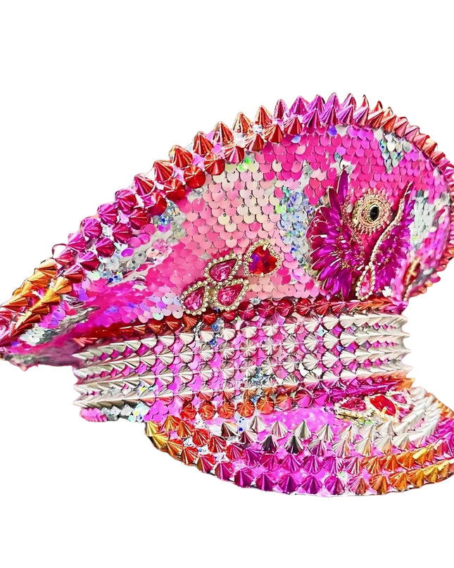 Pink Festival Captain Hat Rivet Punk Rhinestone Bride Masquerade Wedding Sergeant Hat Handmade Luxury Music Festival Cosplay