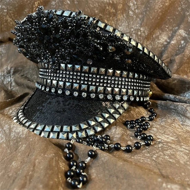 Sparkling Captain Hat Heavy Crystal Sequins Rivets Hat for Bachelorette Party Captain Hat Bride Hat for Actor Actress