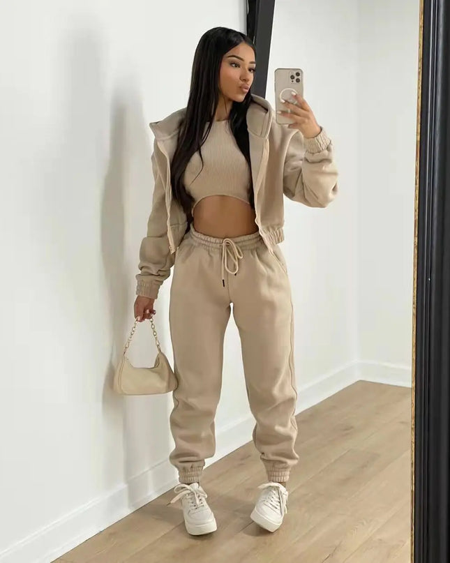 3pcs Women's Clothing Set Fleece-lined Hooded Sweater &Sleeveless Tank Top & Sports Sweatpants Pants