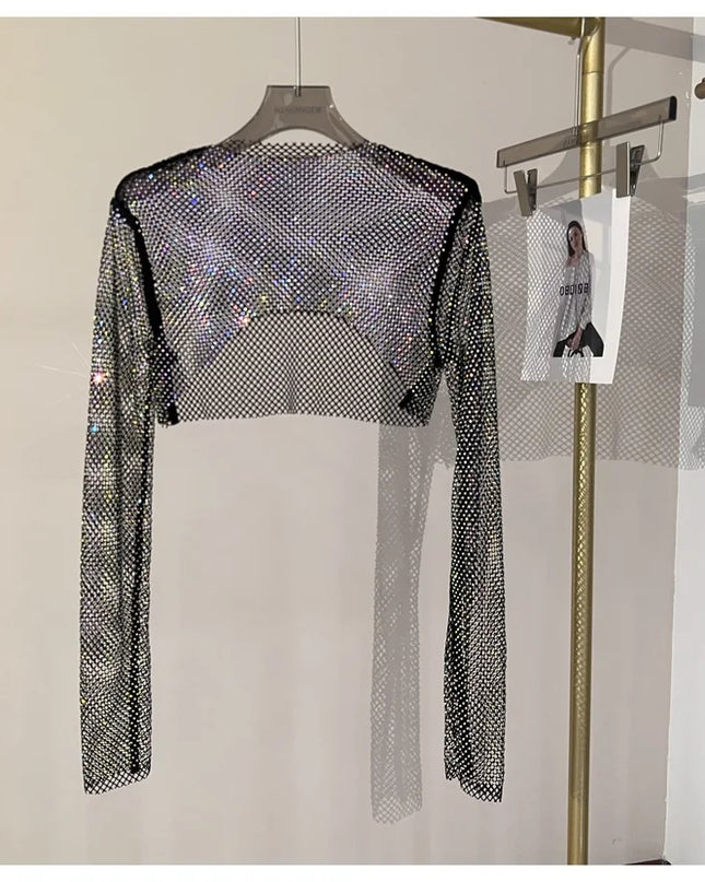 2023 new sexy bright diamond short top Slim thin Ms. hot drill long-sleeved T-shirt sexy leak waist nightclub