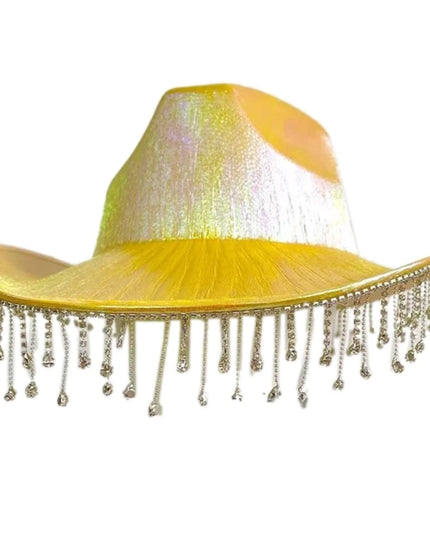 Rhinestones Tassels Hat for Women Teens Girl Breathable Wide Brim BeachSun Hat Music Festival Hat Bachelorette Party Cap