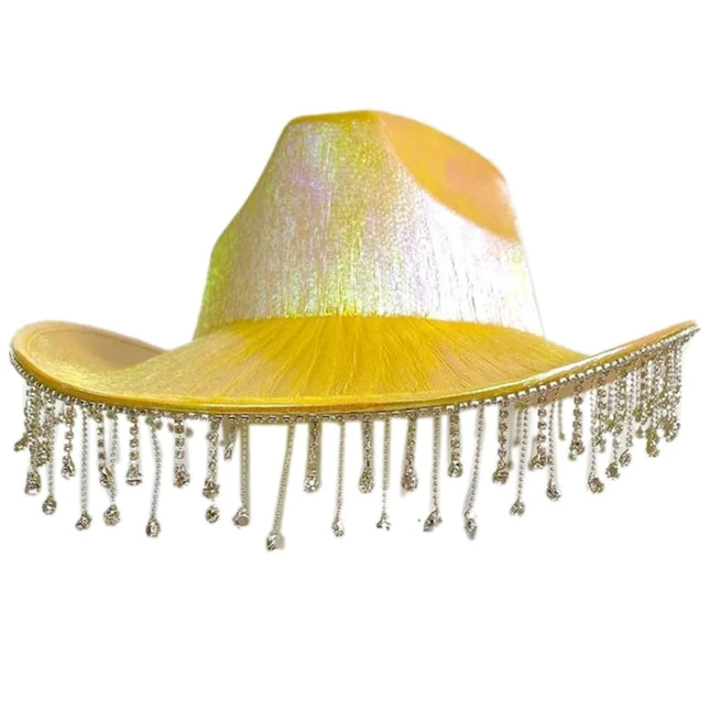 Rhinestones Tassels Hat for Women Teens Girl Breathable Wide Brim BeachSun Hat Music Festival Hat Bachelorette Party Cap
