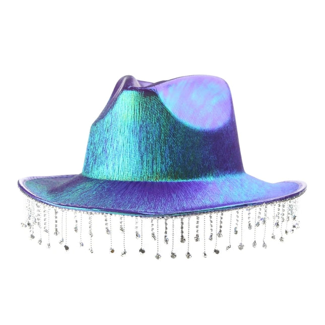 Rhinestones Tassels Hat for Women Teens Girl Breathable Wide Brim BeachSun Hat Music Festival Hat Bachelorette Party Cap