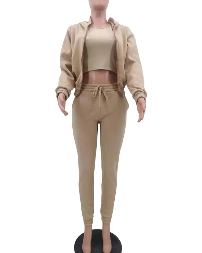 3pcs Women's Clothing Set Fleece-lined Hooded Sweater &Sleeveless Tank Top & Sports Sweatpants Pants