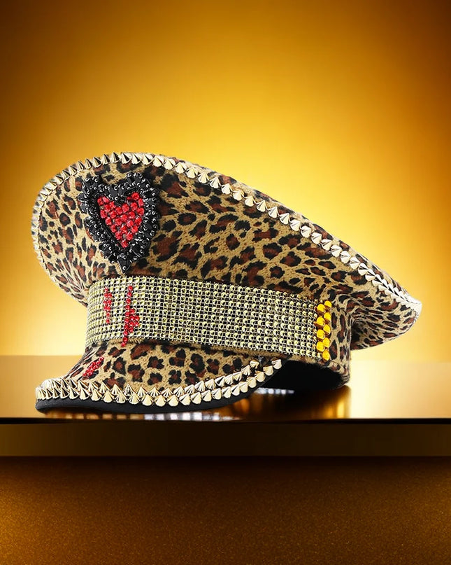 Luxury Rhinestone Women Leopard Military Hat Sergeant Bridal Hat Hen Do Hat Festival Steampunk Captain Birthday Part Hat