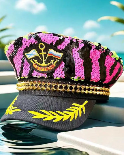 Stylish Navy Party Hat with Sequins and Gold Studs, Suitable for Bachelorette Parties, Bars, Music Festivals