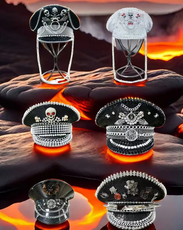 Burning Man Multi-style Black Halloween Steampunk with Chain Spider Web Skull Studded Cap Halloween Hat Hallloween decorations