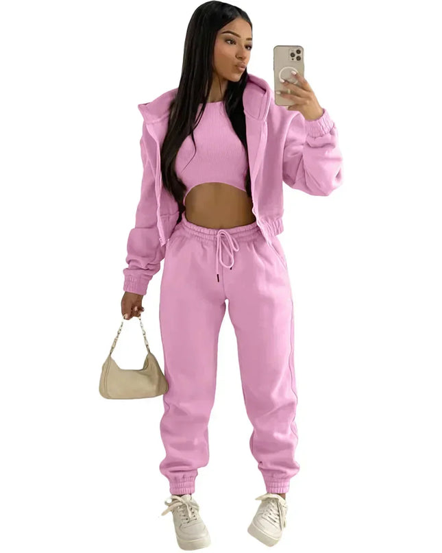 3pcs Women's Clothing Set Fleece-lined Hooded Sweater &Sleeveless Tank Top & Sports Sweatpants Pants