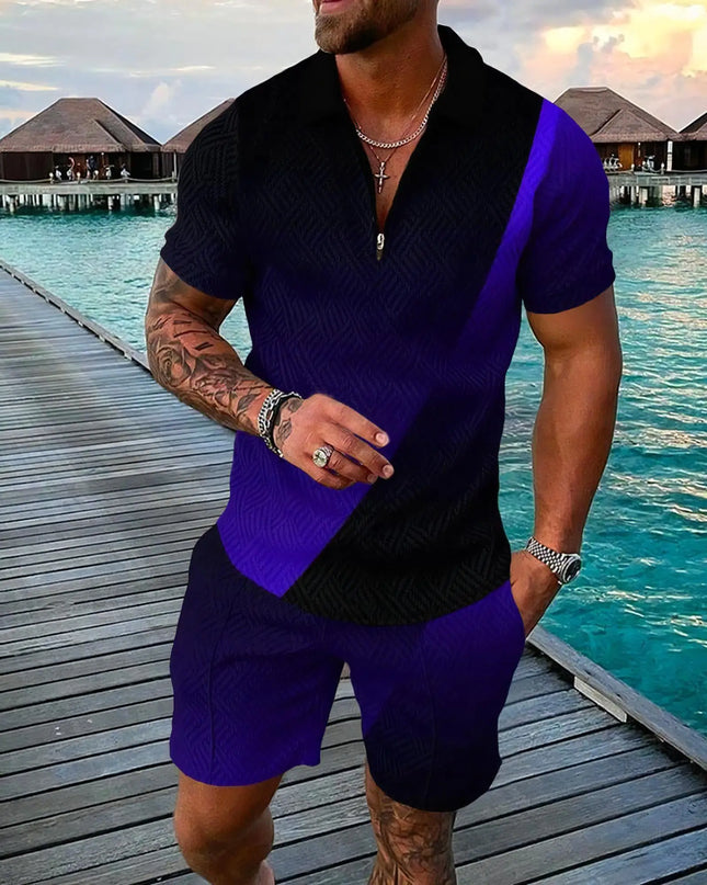 3D Digital Printed Men's 2 Piece Sets Polo Shirt+Shorts Streetwear Casual Short Sleeve Zipper Shirt Male Beach Trunks Men Outfit