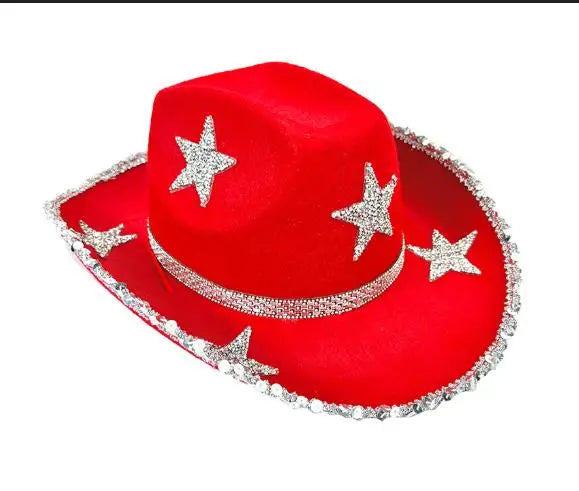 Women Rhinestone Star Cowgirl Hat Wide Brim Diamond Glitter Western Hat Cowgirl Cap for Wedding Music Costume Party