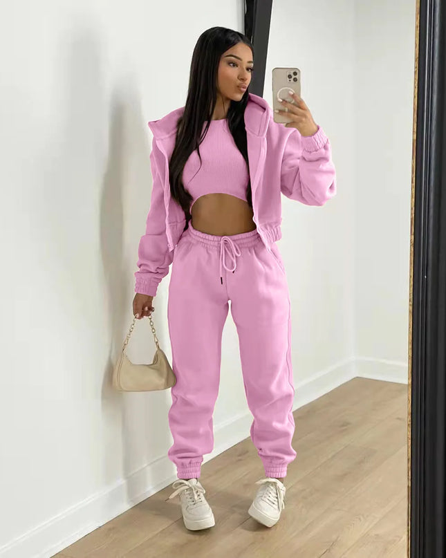 3pcs Women's Clothing Set Fleece-lined Hooded Sweater &Sleeveless Tank Top & Sports Sweatpants Pants