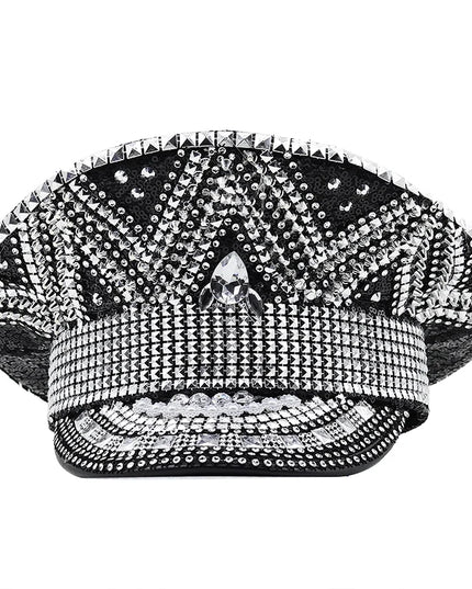 Luxury Rhinestone Women Wedding Bride Captain Hat Black Military Hat Sergeant Hat Hen Festival Birthday Part Hat