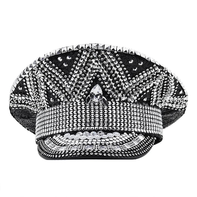 Luxury Rhinestone Women Wedding Bride Captain Hat Black Military Hat Sergeant Hat Hen Festival Birthday Part Hat