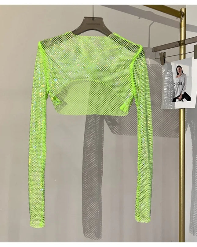 2023 new sexy bright diamond short top Slim thin Ms. hot drill long-sleeved T-shirt sexy leak waist nightclub