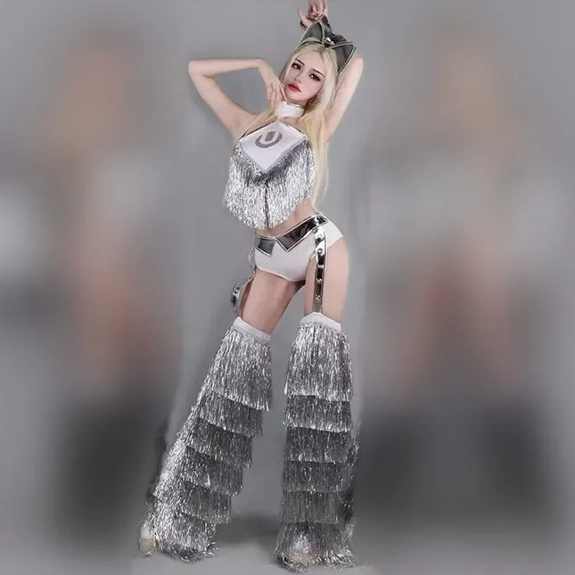2025 Jazz Dance Team Nightclub Bar Stage Wear Silver Tassel Bodysuit Legs Cover Party Show Rave Outfit DS Performance Costume