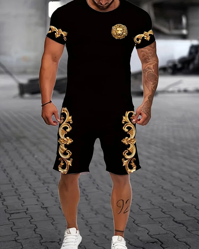 2-piece Vintage Printed Men's Short Sleeve Shorts Set Summer Casual Everyday Men's T-shirt Outdoor Sports Men's Beach Shorts