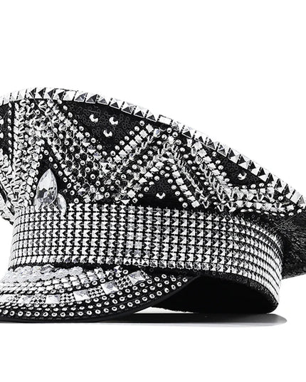Luxury Rhinestone Women Wedding Bride Captain Hat Black Military Hat Sergeant Hat Hen Festival Birthday Part Hat