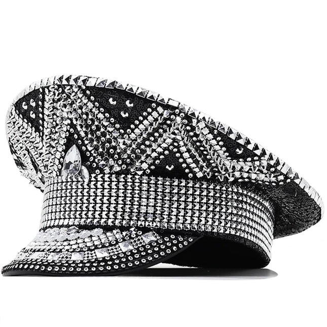 Luxury Rhinestone Women Wedding Bride Captain Hat Black Military Hat Sergeant Hat Hen Festival Birthday Part Hat