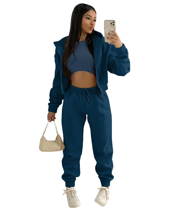 3pcs Women's Clothing Set Fleece-lined Hooded Sweater &Sleeveless Tank Top & Sports Sweatpants Pants
