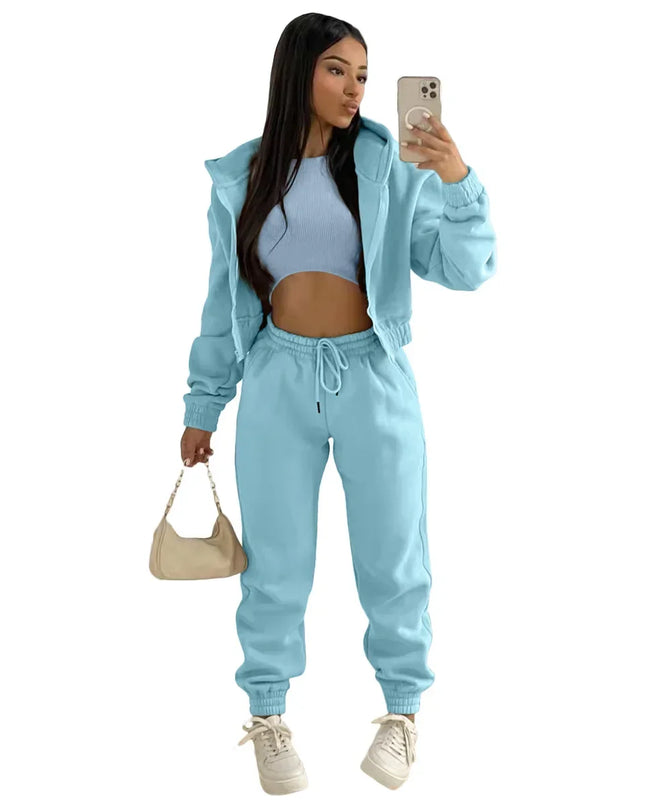 3pcs Women's Clothing Set Fleece-lined Hooded Sweater &Sleeveless Tank Top & Sports Sweatpants Pants