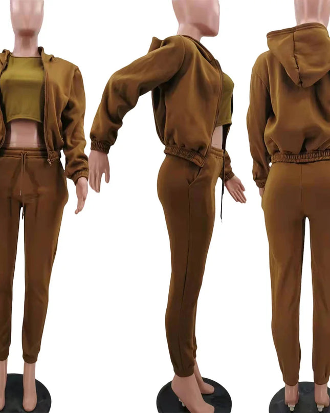 3pcs Women's Clothing Set Fleece-lined Hooded Sweater &Sleeveless Tank Top & Sports Sweatpants Pants