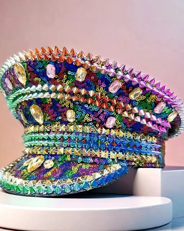 HongLuan Rainbow Bling Captain Hat Rhinestone Woman Sparkly Steampunk Military Caps for Burning Man Coachella Music Festival