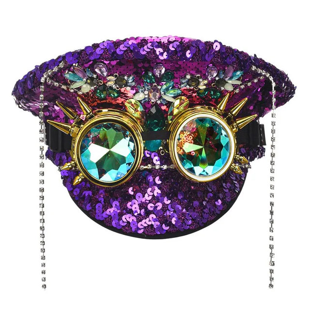 Corzzet Luxury Silver Sequined & Diamonds Club Party Rave Rock Cosplay Accessories Steampunk Military Hat Masquerade Costumes