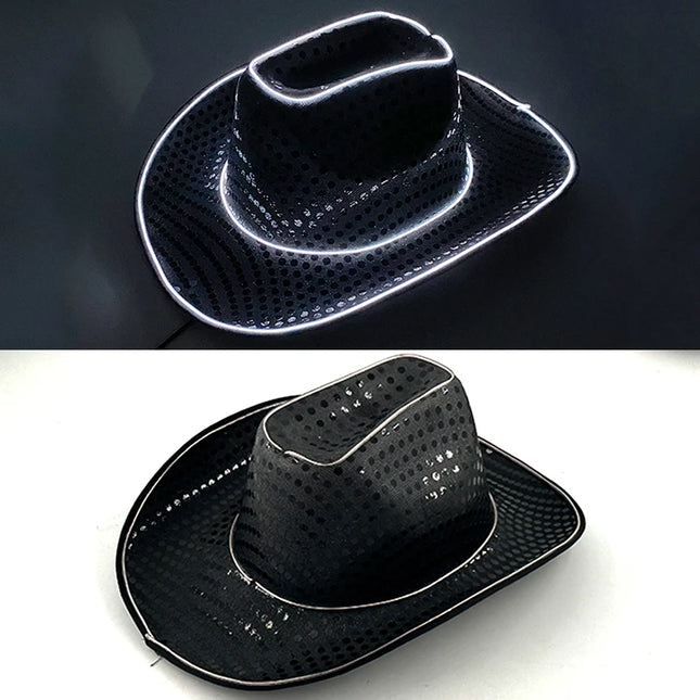 LED Western Cowboy Hat Cowgirl Hat Retro EL Wire Light Brim Jazz Top Hat Bride Cowboy Hat Cosplay Cowboy Costume For Women Men