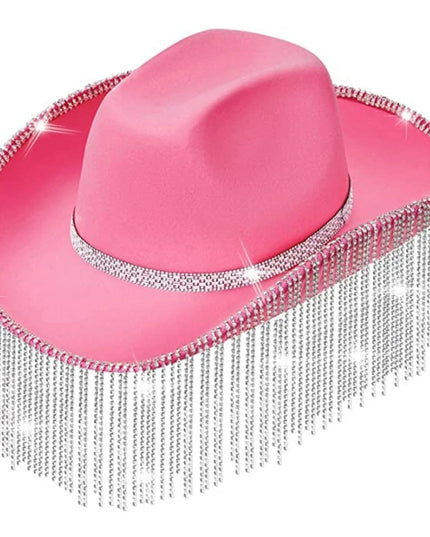 Rhinestones Tassels Hat for Women Teens Girl Breathable Wide Brim BeachSun Hat Music Festival Hat Bachelorette Party Cap
