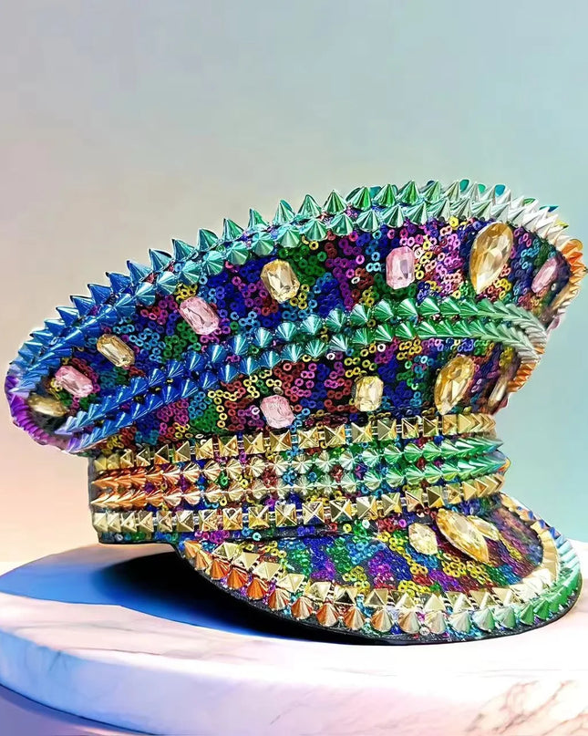 HongLuan Rainbow Bling Captain Hat Rhinestone Woman Sparkly Steampunk Military Caps for Burning Man Coachella Music Festival