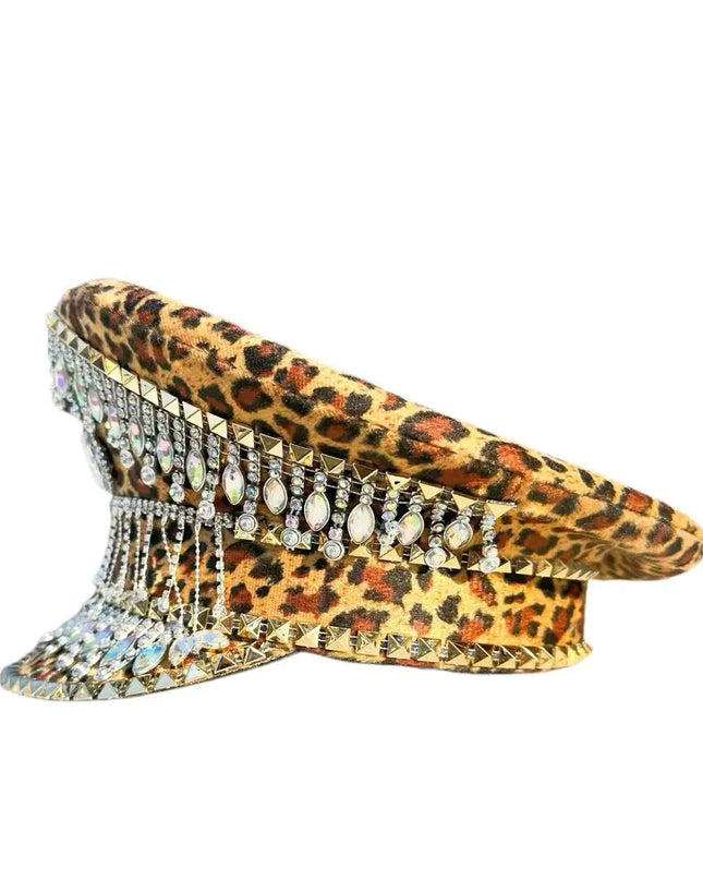 Leopard Pendant Rhinestone Military Cap Luxury Handmade Masquerade Captain Hat Cosplay Music Festival Unisex Steampunk Cap