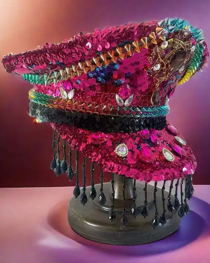 Sequined Navy Holiday Party Hat, Large Gemstone, Rainbow, Willow Studs, Black Tassel, Sequined, Holiday, Halloween, A